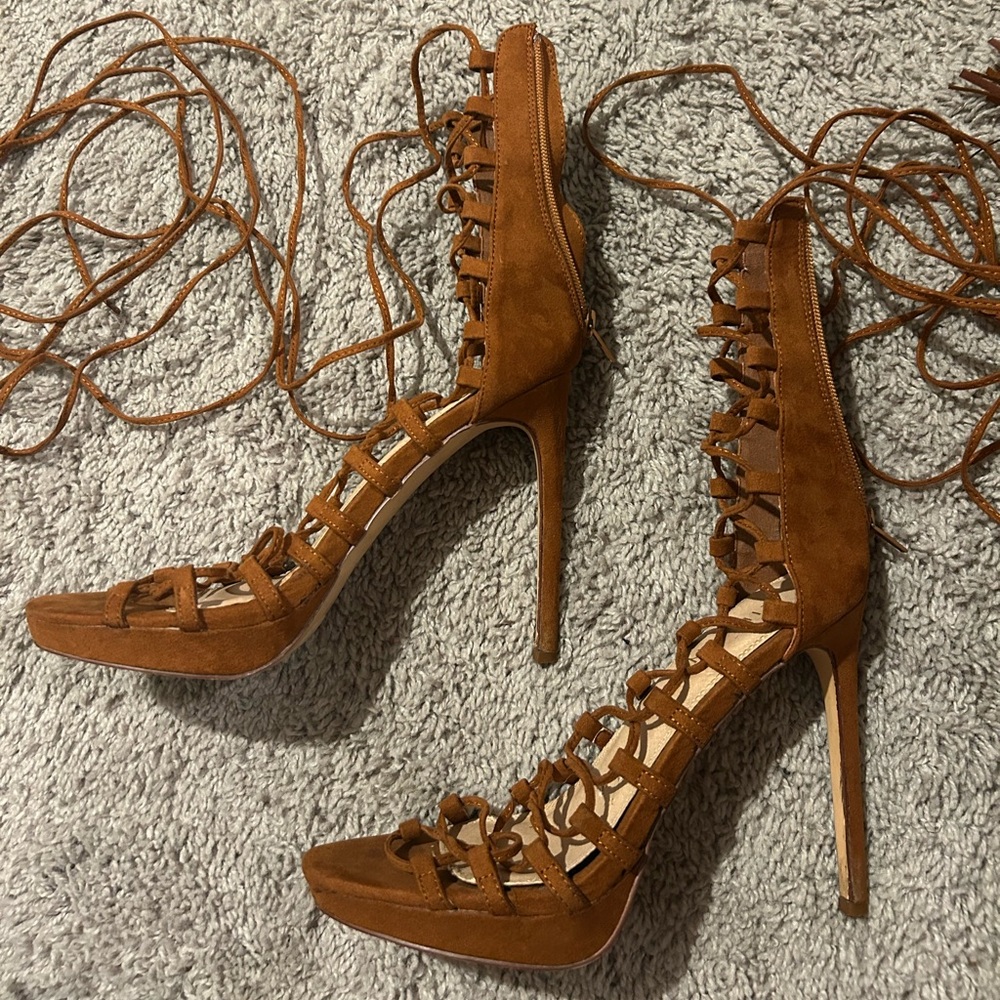 Liliana Tan Lace-Up Stiletto Heels